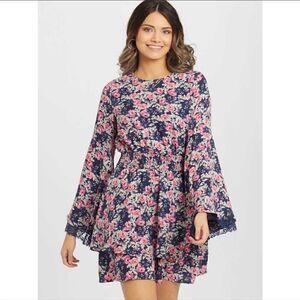 Altar'd State Size XS Navy Blue & Pink Floral Claudine Bell Sleeve Boho Dress